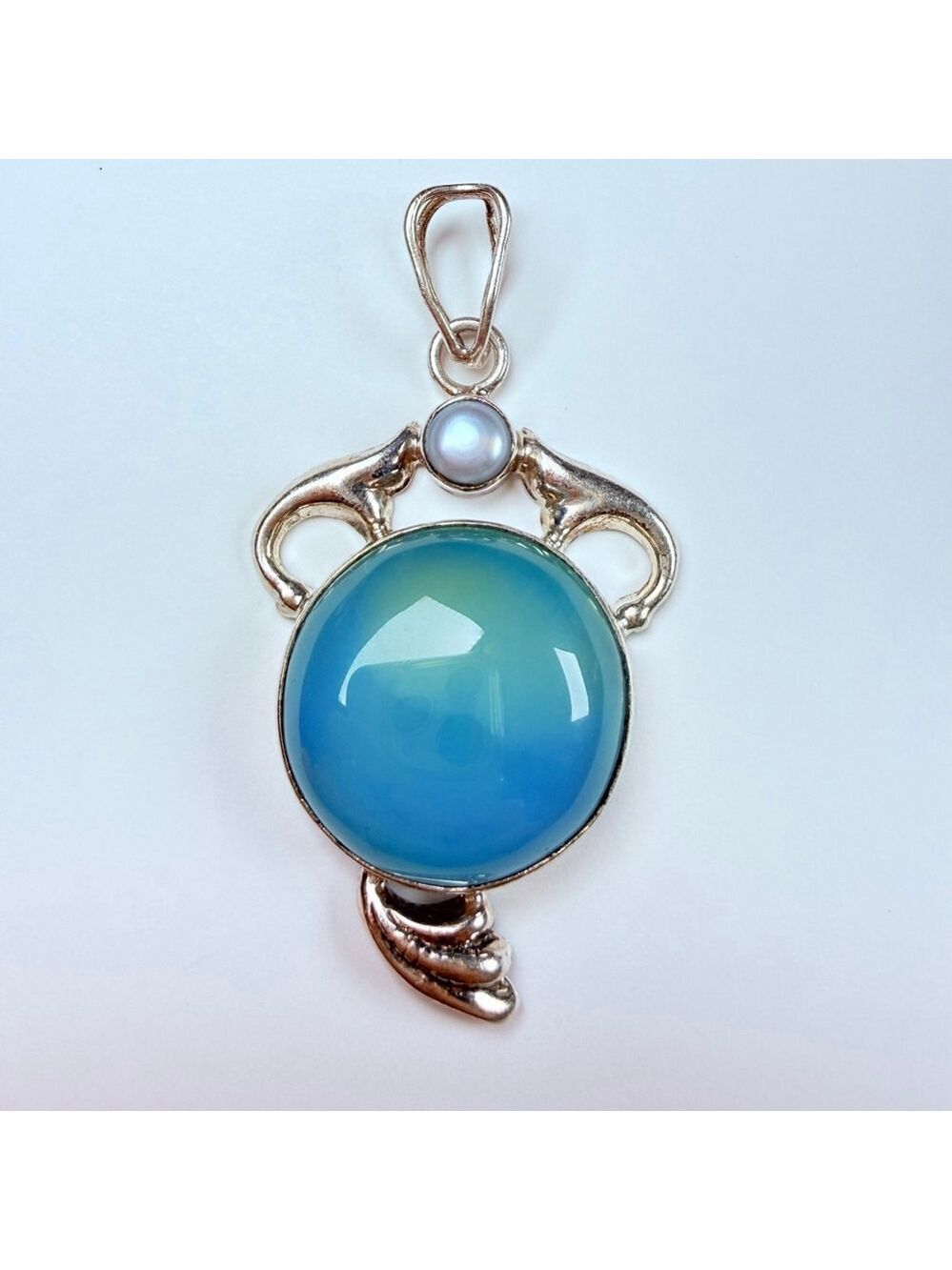 26.5 CT Chalcedony & Pearl 2.1" Sterling Silver 925 Vintage Enhancer Pendant
